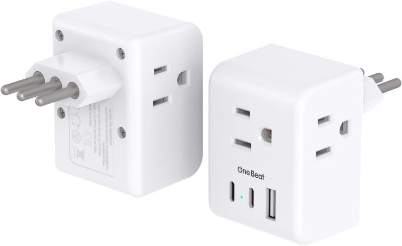 One Beat 2 Pack Italy Travel Plug Adapter, Type L Italy Power Adapter with 3 Outlets 3 USB Ports(2 USB C), 6 in 1 Travel Outlet Adaptor, 3 Prong Grounded Plug for USA to Italy Chile Uruguay Italian - Image 1